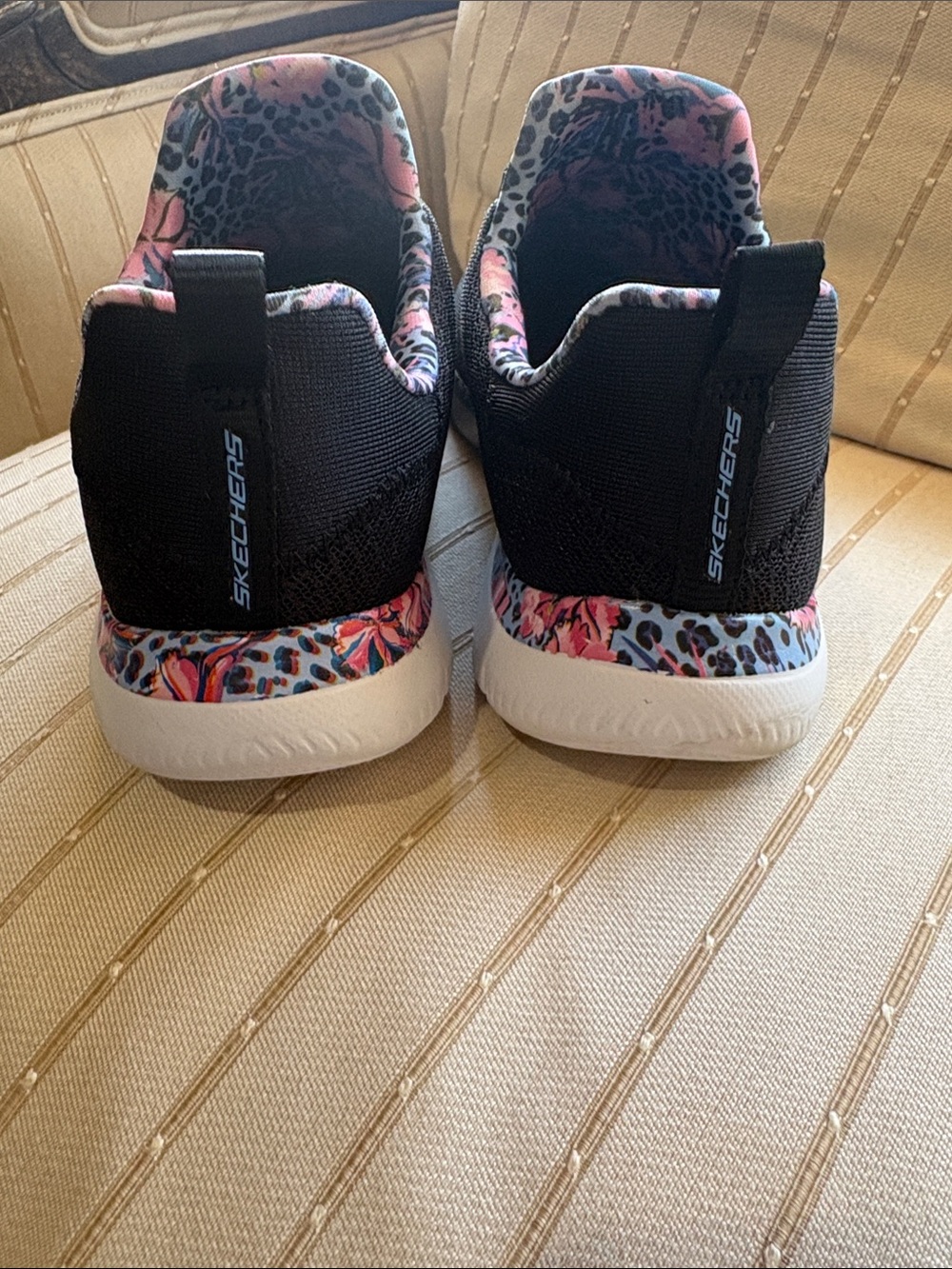 Skechers Black Slip-On Memory Foam Athletic Sneakers with Pink Floral Trim - Picture 4 of 6